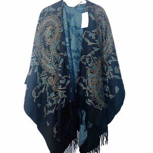 Soft Surroundings Wrap Cape Black, Teal & Gold  Fringe Hem One Size Fits All